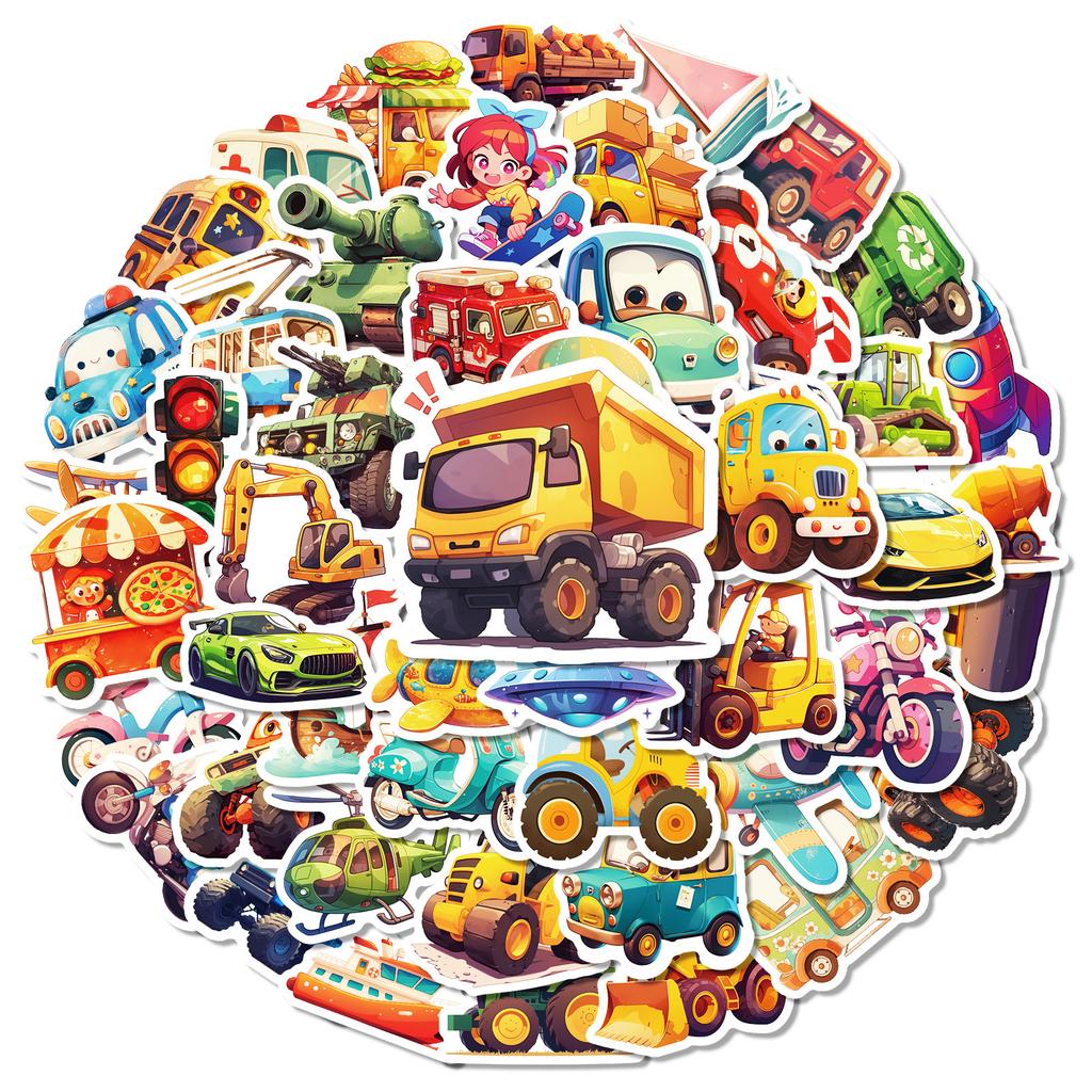 50 24-Year-Old Animated Vehicle Series Stickers Cartoon Truck Excavator Decorative Suitcase Children'S Stickers