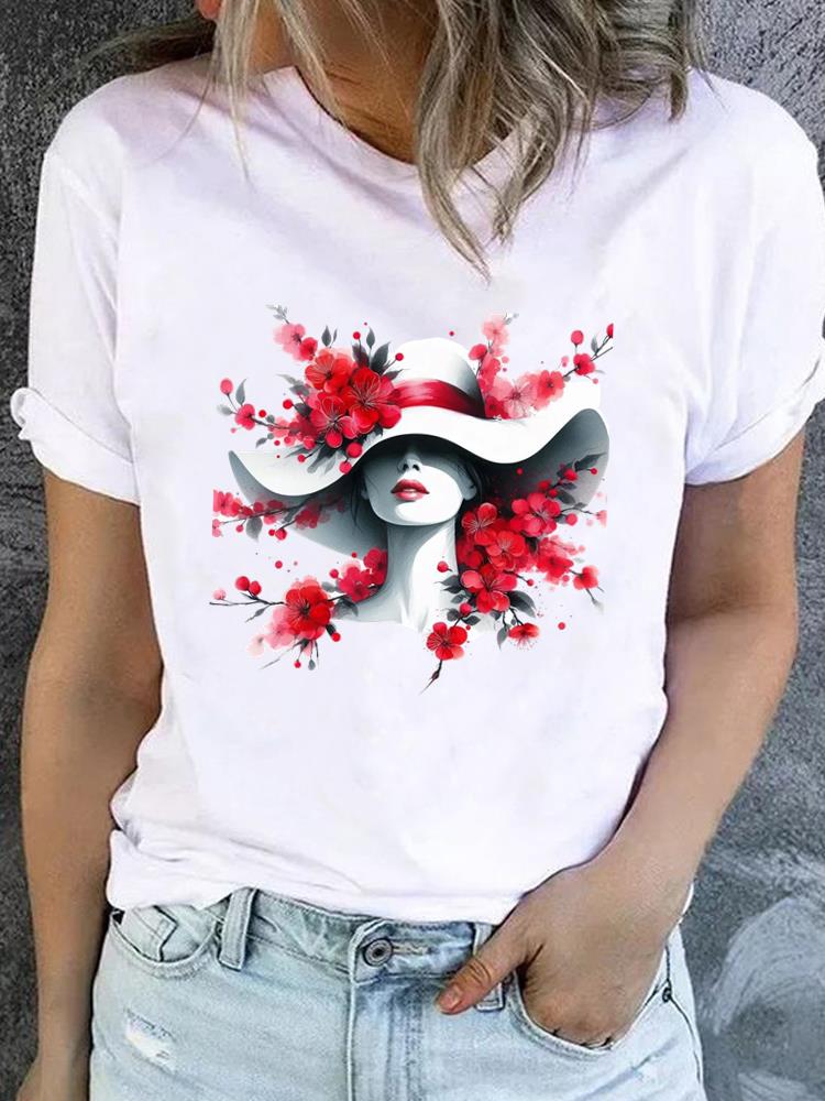 (Asian Size) Watercolor Flower Short Sleeve T-shirts Printed Clothing Lady Female Top Casual T Shirt Fashion Women Graphic Tee