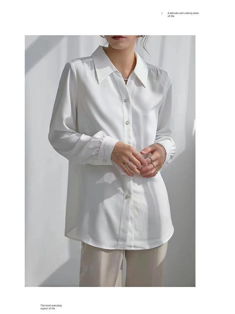 Women's Long-Sleeve White French Shirt - Spring/Autumn, Wrinkle-Resistant, Elegant Draped Style