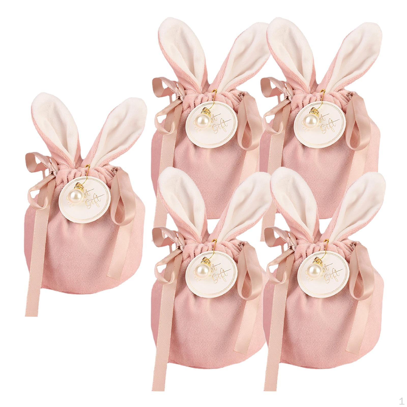 

5 Pieces/Set Easter Gift, Drawstring Bags Bunny Ears W/ Cards& Pearls for Birthday Festivals розовый