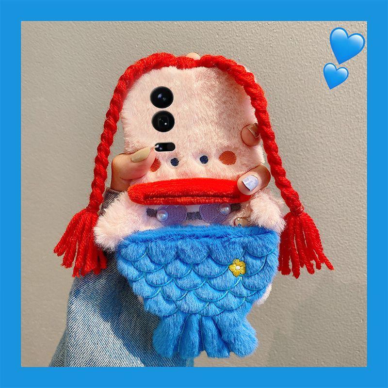 3D Cartoons Mermaid Plush Phone Case for iPhone 11 12 13 14 15 16 17 Pro Max Plus and Xiaomi 17 Pro 15 14 13 Ultra Cute Fluffy Winter Shockproof