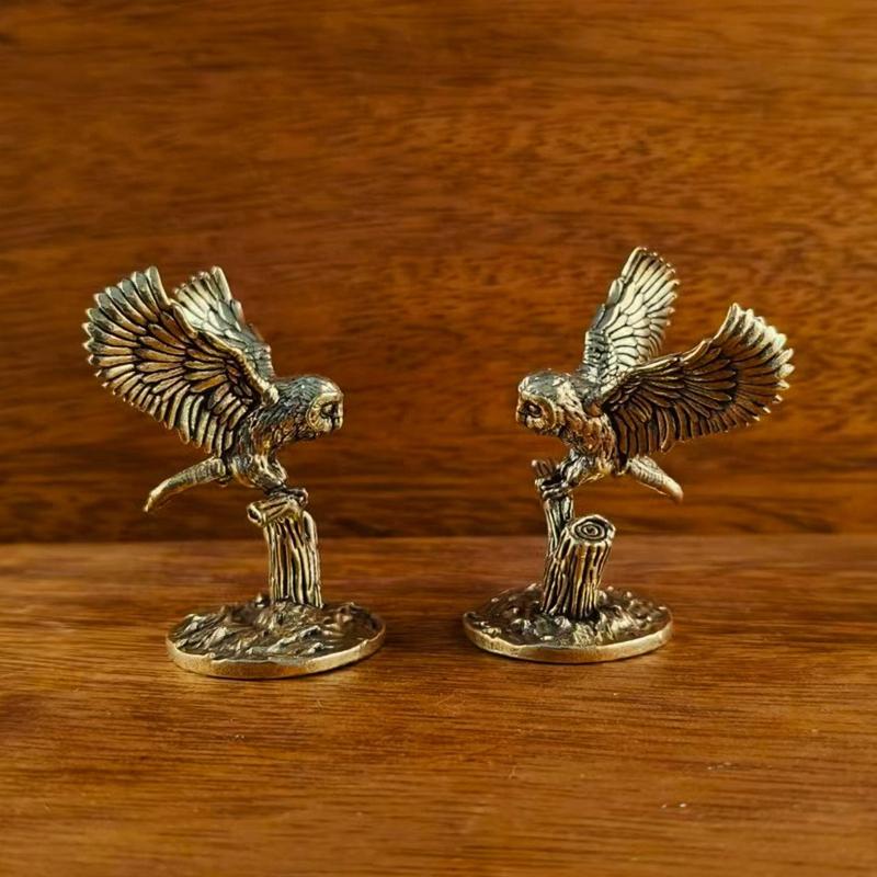 Antique Solid Brass Tree Owl Miniature Figurines Retro Copper Animal Tea Pet Desktop Ornament Decor Crafts Animal Figurines