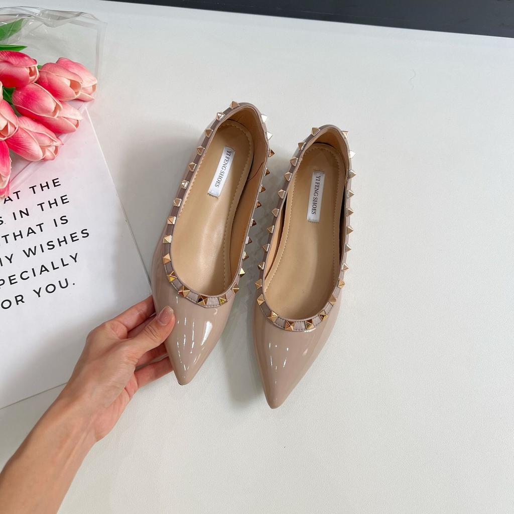 Sheepskin Inner Height Increase 5cm Rivet Patent Leather Pointed Flat Shoes Women's Spring New Sexy V Home Micro Open Toe Shallow Mouth Single Shoes