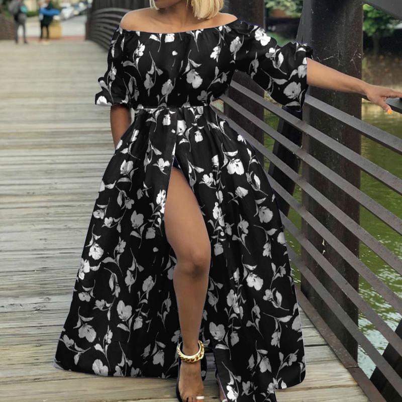 Celmia Sommer off Shoulder for kvinner Bohemia Holiday Maxi-kjole Blomstertrykk Strand Halve lanterneermer Uformell Plussstørrelse