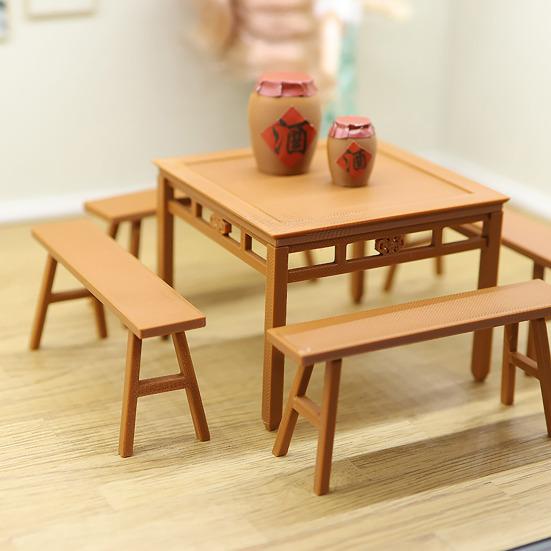 1 Set Miniature Dining Table Bench Vintage Mini Square Table Long Bench Model Toy DIY 1/12 Dollhouse Furniture Decoration Accessories