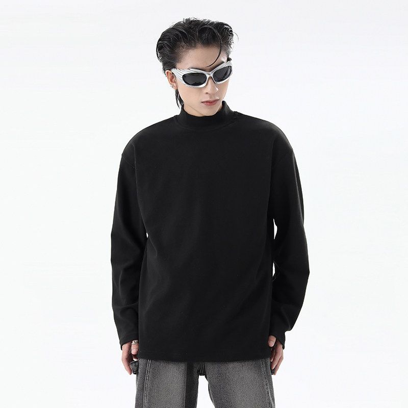 Hip-Hop American-Style Velvet Solid Color Half-High Collar Base Shirt for Men and Women, Trendy Brand, Thickened Self-Heating Warm Long-Sleeve T-Shirt