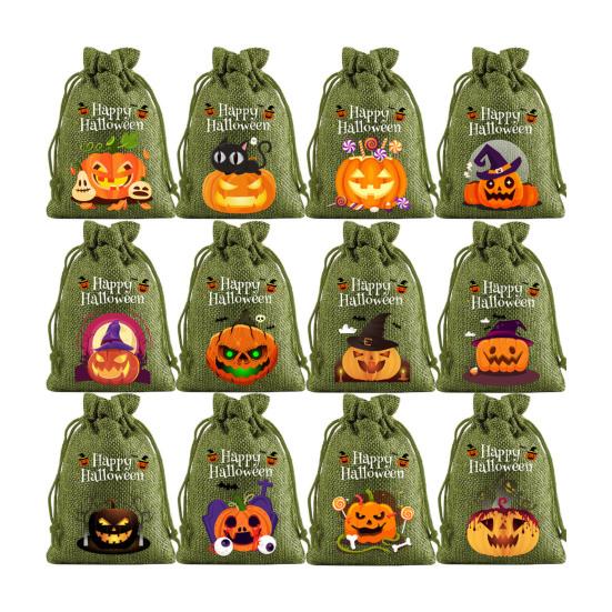 12Pcs Halloween Pumpkin Burlap Gift Bags Small Drawstring Goodie Treat Bag Halloween Linen Jute Candy Bag for Kids Trick or Treat Party Supplies