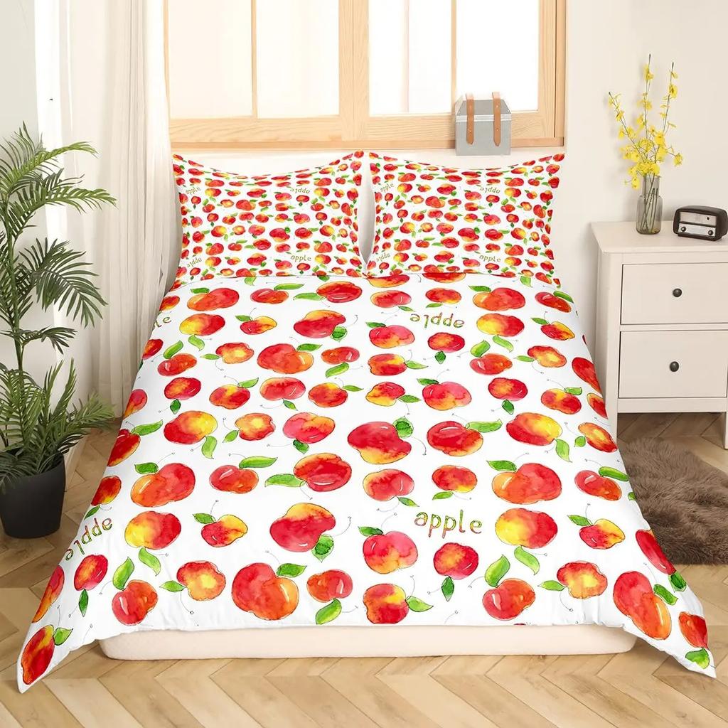 Red Apple King Queen Duvet Cover Sweet Fruit Patterned Bedding Set For Kids Pink Quilt Cover Plant Polyester Comforter Cover