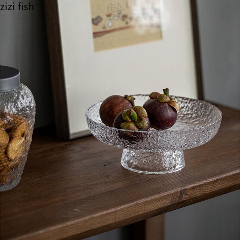 Tall Feet Glass Fruit Plate Round Fruit Snack Plate Salad Bowl Dessert Cake Pan Decorative Plates Display Stand Refreshment Tray