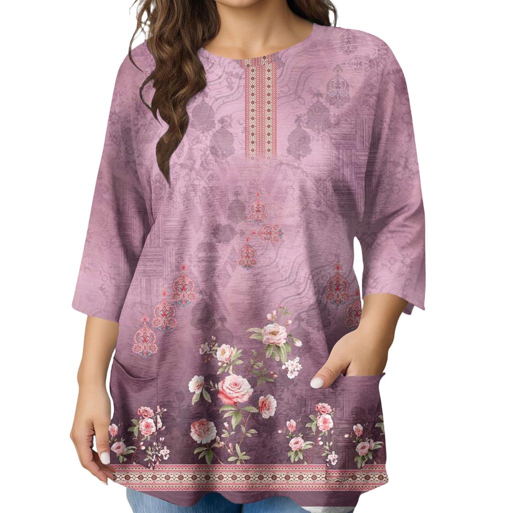 Modeblus för damer, större storlekar, med tryck, kortärmad, för elegant pendling och fritid