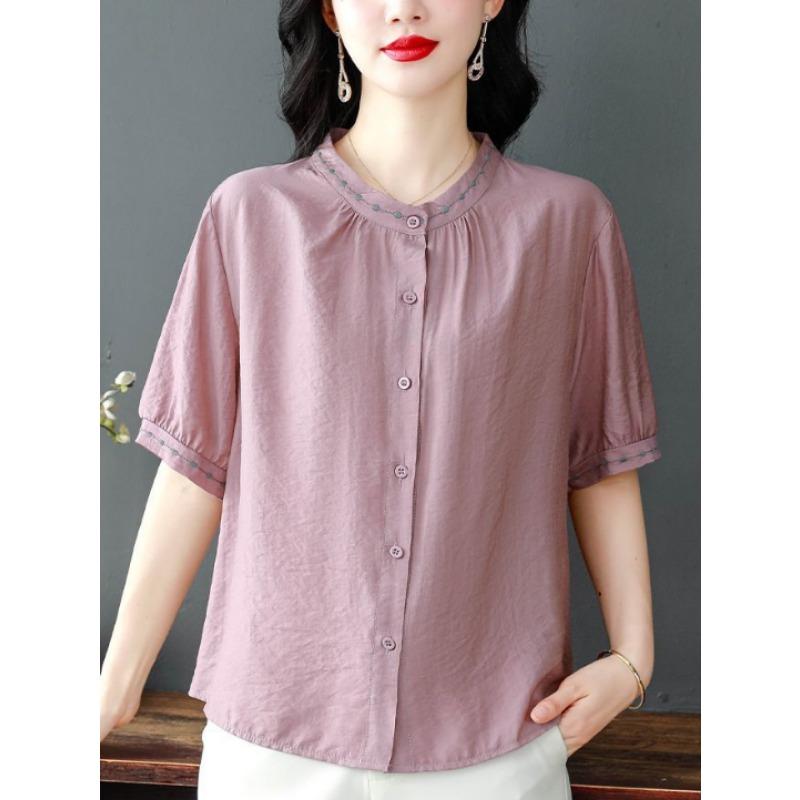 Womens Mauve Linen Blouse Casual Mandarin Collar Short Puff Sleeve Embroidered Shirt M