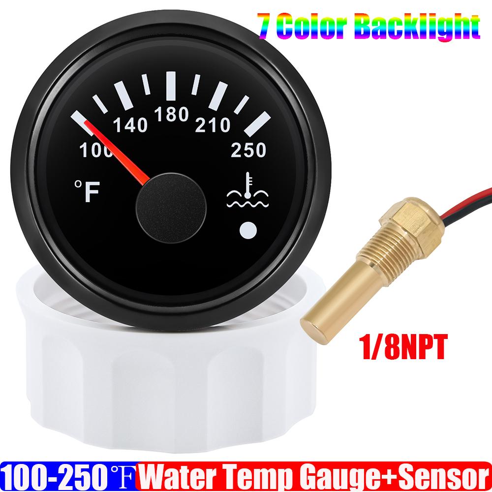 100~250℉ Vattentemperaturmätare Indikator Blinkande Larm 7 Färg LED 2" 52mm Vattentemperaturmätare med Sensor för Bil Båt