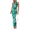 2024 Women's Floral Ruched Mesh Bodycon Dress - Sleeveless, Round Neck