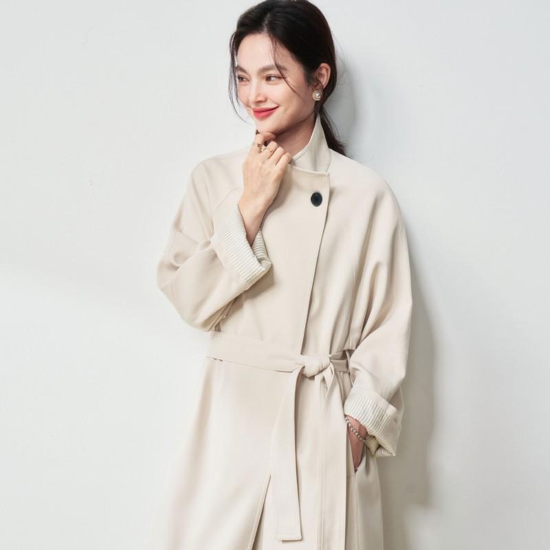 Womens Minimalist Stand Collar Long Trench Coat Loose Fit Casual Commuter Outerwear In Beige Khaki