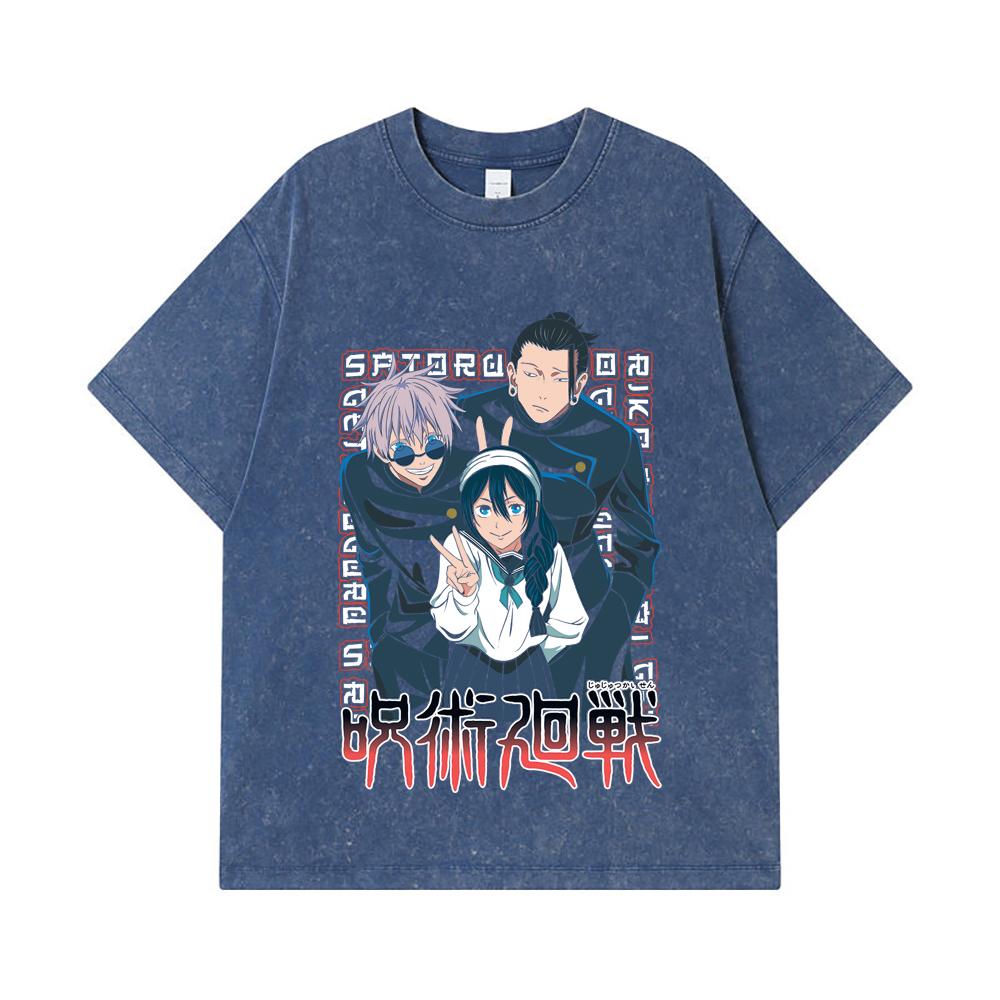 

275 GSM Washed T-shirts 100% Cotton Jujutsu Kaisen V40 Print Unisex Heavy Cotton T Shirt 2XL королівський синій колір