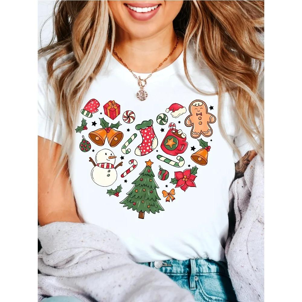 

Christmas Heart Print TShirt Holiday Featuring Gingerbread Women Candy Canes Snowflakes Crew Neck Casual Top Clothes S