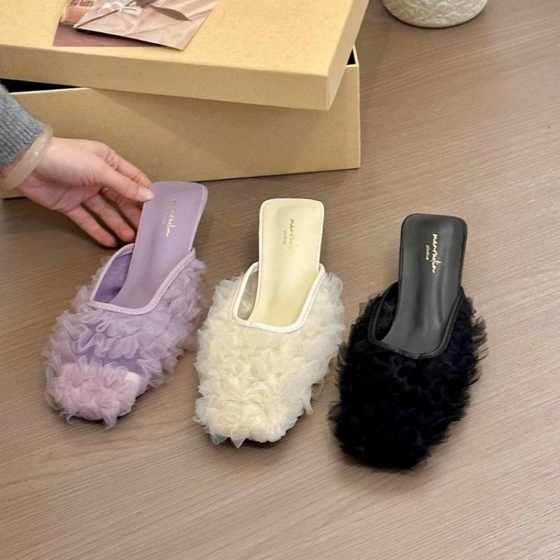 Fashion 2025 Summer Hot Sale Women’s Closed Toe Slippers Pleated Square Toe Thin Heels Sandals for Outdoor Fashion Daily Dress Slippers