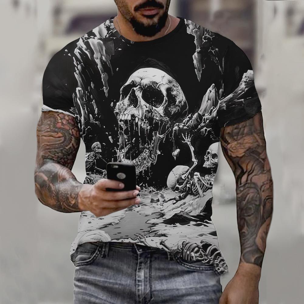 Letní pánské tričko Vintage Skull Tričko s 3D potiskem Street Ležérní Hip Hop Crew Krk Oversized Harajuku Top s krátkým rukávem