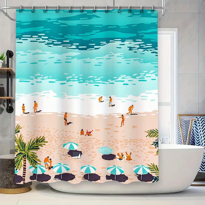 

Beach Life Shower Curtain With Umbrellas, Beachgoers Palm Trees Blue Oceans Orange Sand Waterproof Fabric For Bathroom Decoratio W60H190(CM)-1 Pcs
