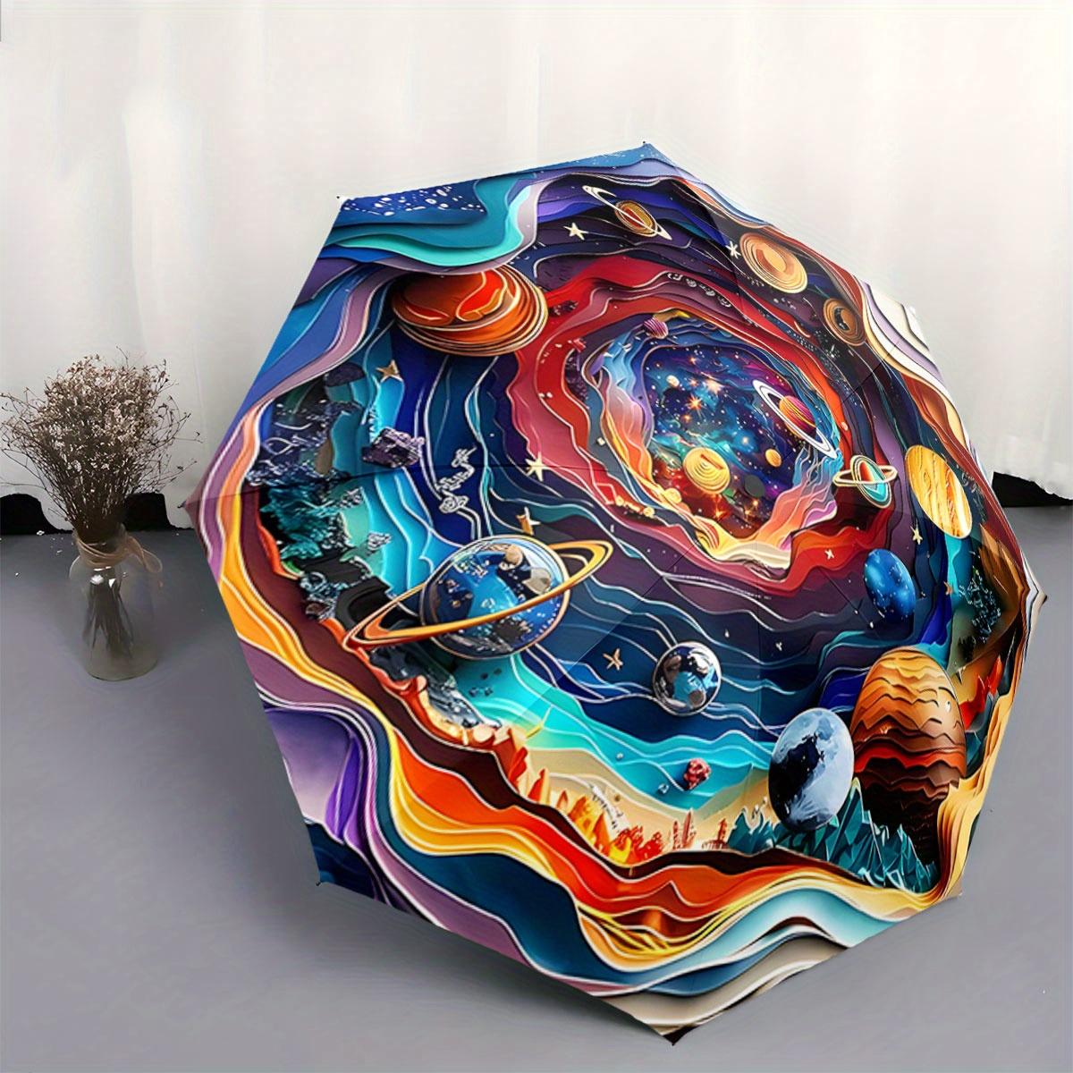 

Automatic Folding Umbrella A colorful cosmic space scene featuring planets and stars. Portable collapsible design, casual outd Iron&8K