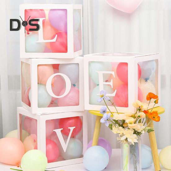 4 Pcs Balloon Box DIY Assembly Transparent Paper Box Balloon Box with Letters Reusable Stackable Cube Decorative Box for Party Wedding Birthday
