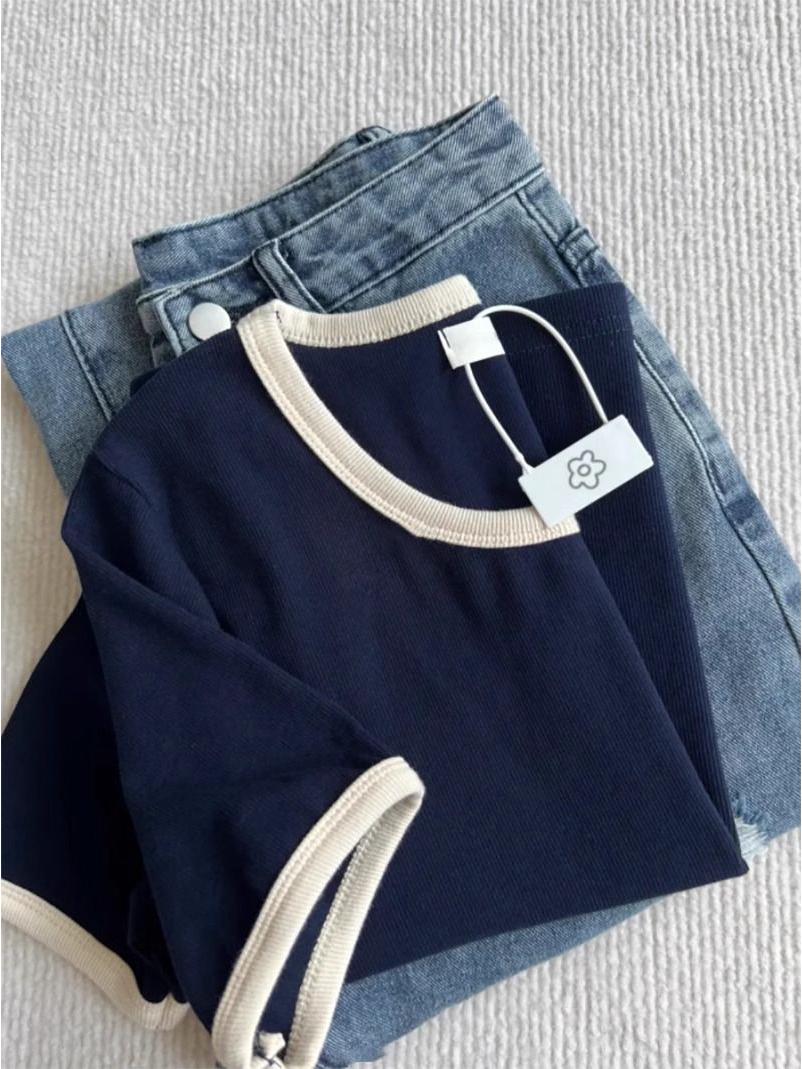 

Женская летняя шикарная футболка с коротким рукавом в стиле американского колор-блока S темно-синий