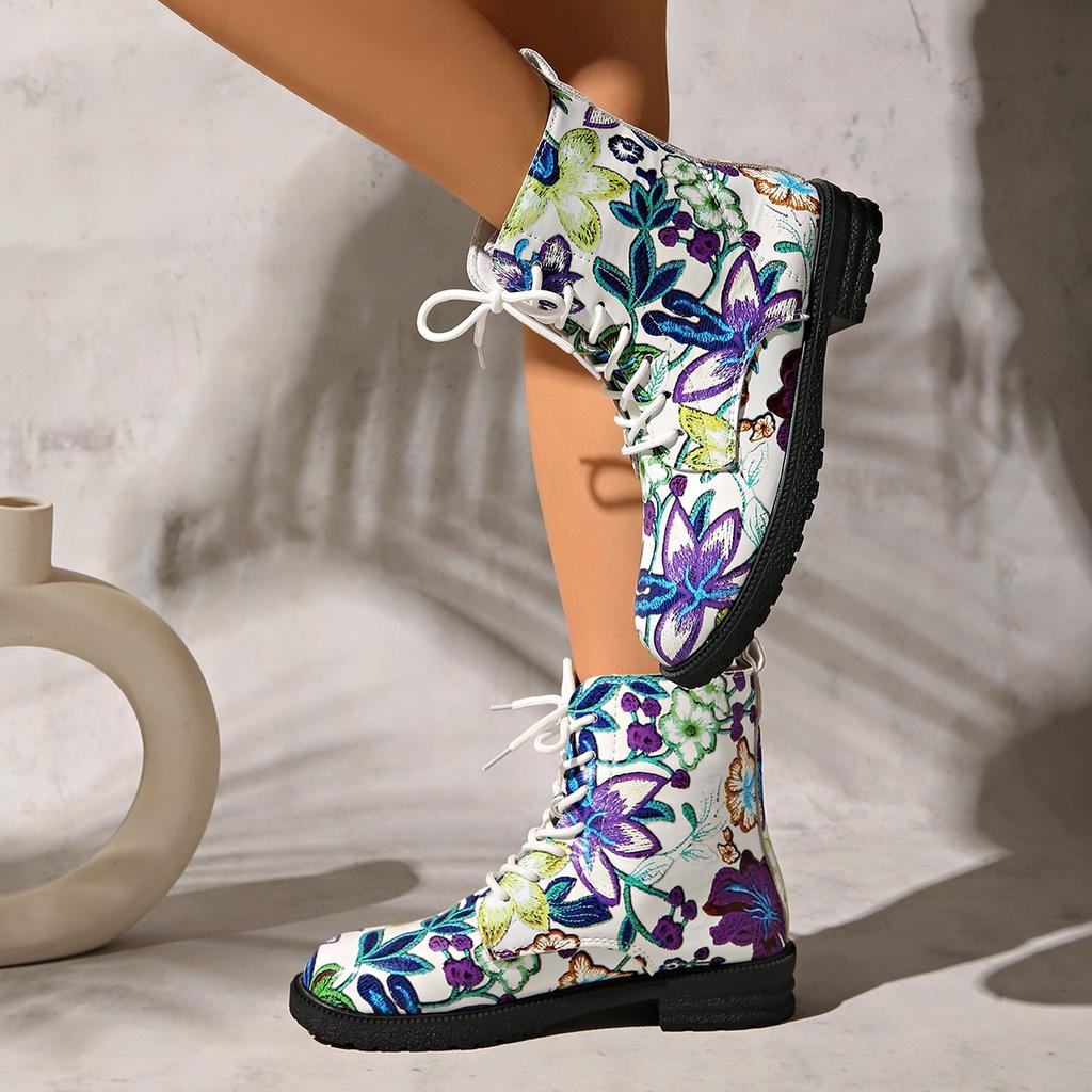 Fashion 2025  Boots Women's Lace-up Booties Printed New European and American Fashion Platform British Short
