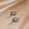 Turquoise Bohemian Owl Feather Tassel Earrings - Bronze Geometric Carved Design with Palm and Dreamcatcher Elements