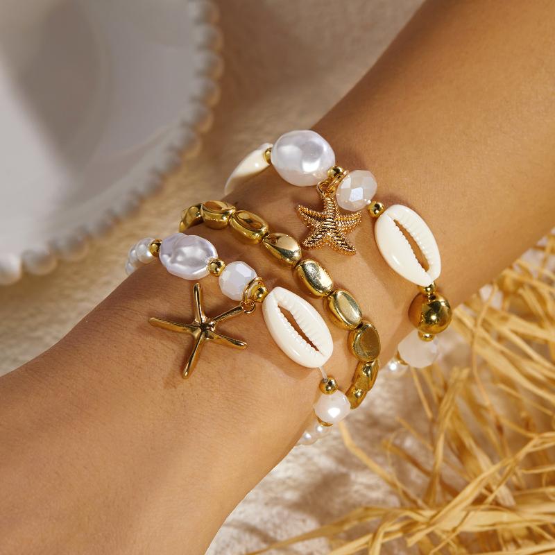 1 Set Summer Ocean Blue Beads Strand Hand Chain Bohemia Starfish Shell Beaded Bracelets For Women Jewelry Beach Vacation Gift