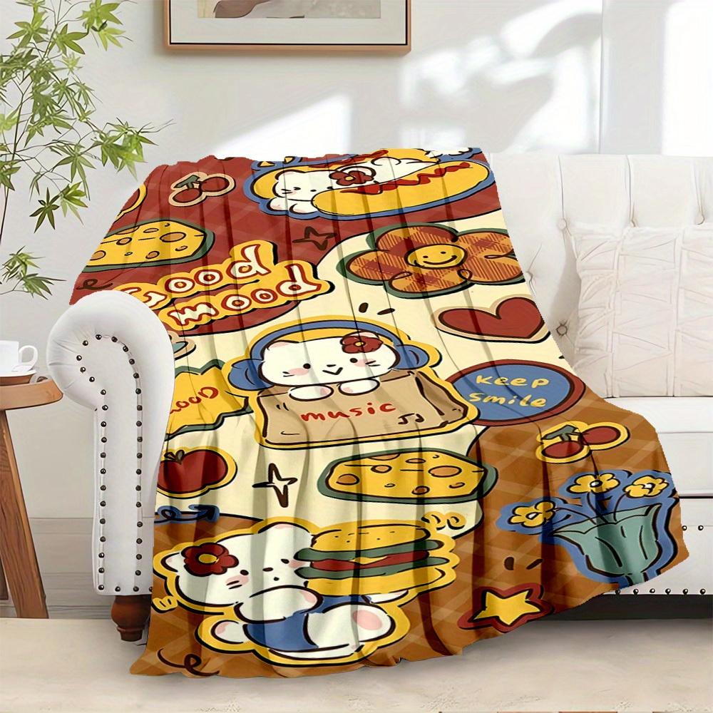 

1pc Cute Hello Kitty with Food and Flowers Pattern Blanket - Home Decor for Everyone All Seasons, Soft and Comfortable, Machine Washable, Su 130x150cm