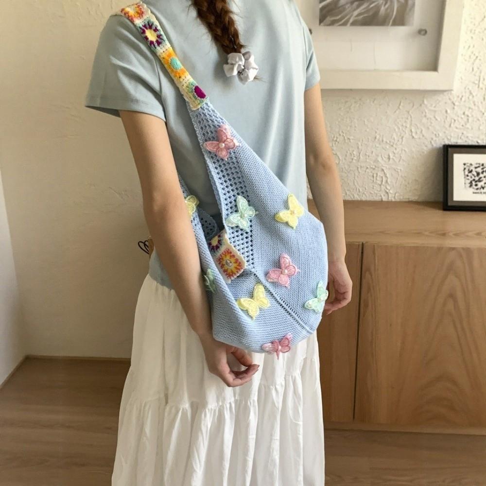 Fashion Large Capacity Women Shoulder Bag Butterfly Floral Crochet Hollow Out Knitted Handbag Vintage Multicolor Crossbody Bags