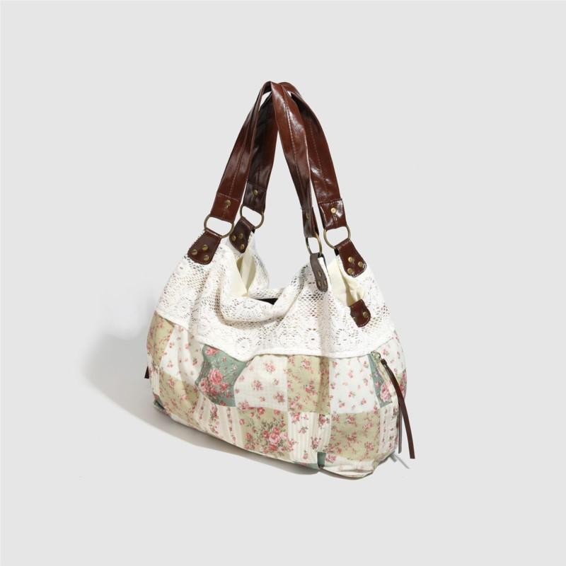 Sweet Cute Floral Lace Tote Bag Women Patchwork Large Capacity Shoulder Bag Ladies Japanese Harajuku Versatile Underarm Bag Chic