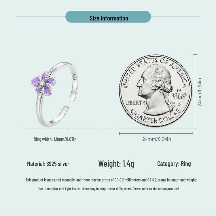 Yinziyun Purple Flower Open Ring for Women – Elegant 925 Sterling Silver Jewelry