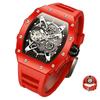 Automatic Skeleton Watch Mens Waterproof Luminous Tonneau Mechanical Wrist Watch Silicone Band