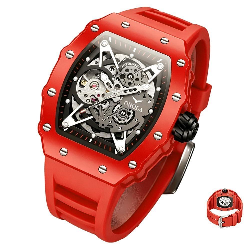 Automatic Skeleton Watch Mens Waterproof Luminous Tonneau Mechanical Wrist Watch Silicone Band
