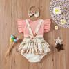 Toddler Baby Girls Solid Tops+Sunflower Floral Printed Suspender Shorts Outfits