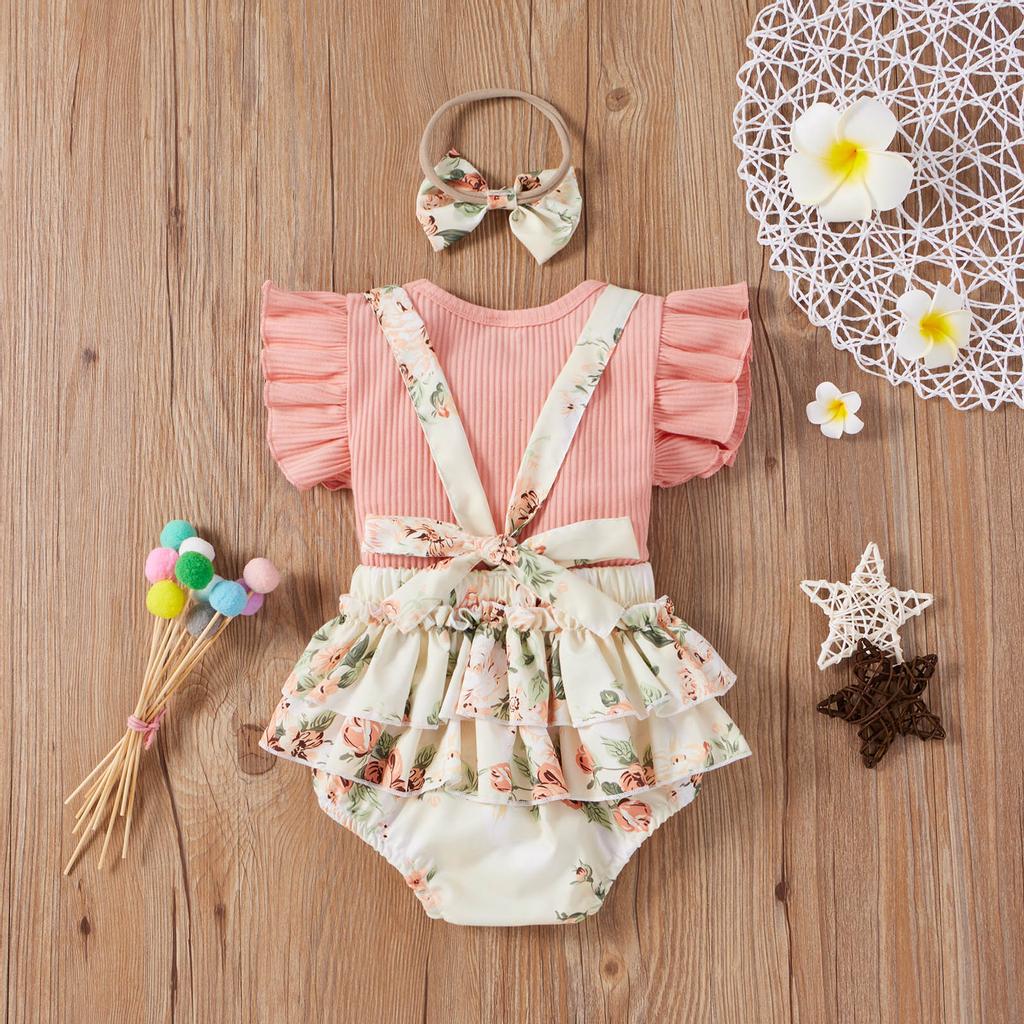 Toddler Baby Girls Solid Tops+Sunflower Floral Printed Suspender Shorts Outfits