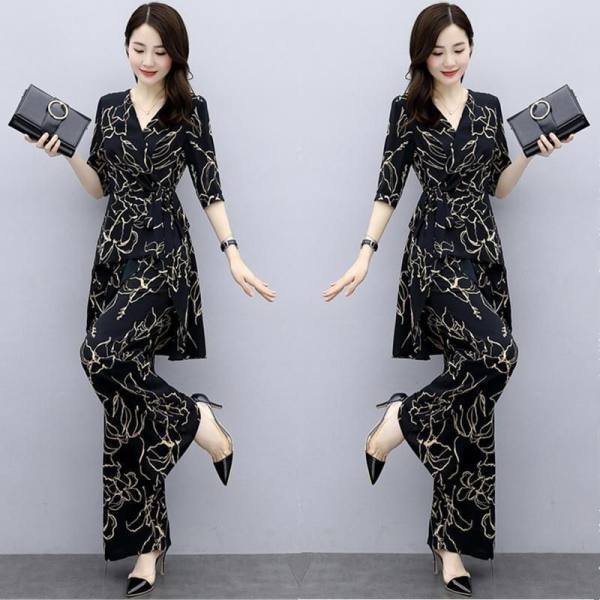 Women's Plus Size Suit Spring Summer Office Striped Suit Short Sleeve + Pants 2 Piece Set