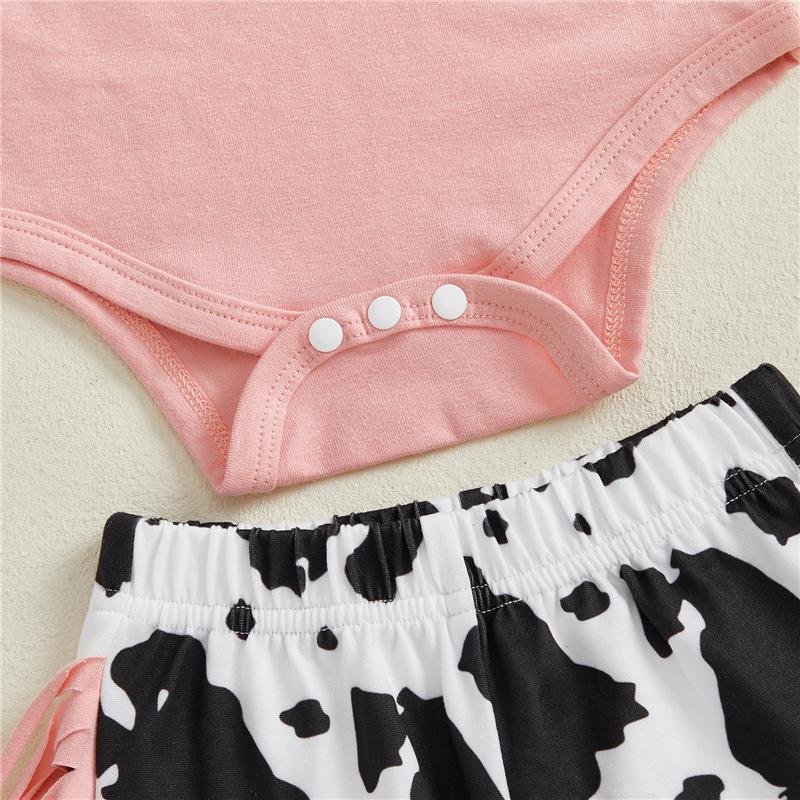 Baby Girls Fall Outfit Bull Head Print Romper with Tassels Cow Pattern Flare Pants and Headband Clothing Set