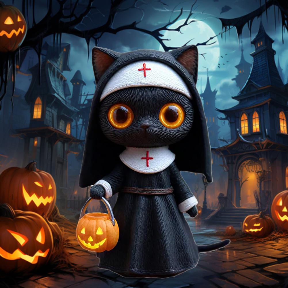 Nunnekatt Skulptur Halloween Nunnekatt Figur med Pumpahink Svart Katt Staty Fantasy Samlarobjekt Skulptur för Älskare