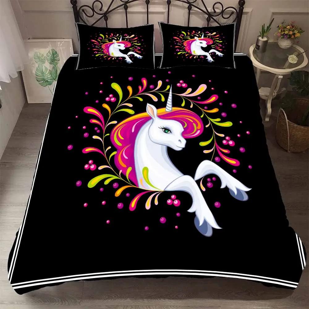 Cartoon Pink Bedding Sets 2/3 Pcs Duvet Cover Set Pillowcases Starry Sky Rainbow Unicorns Bedding Set For Girl EU Twin Single
