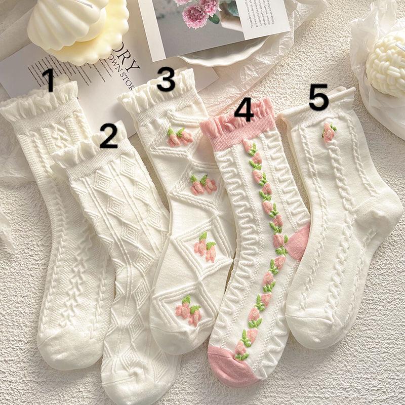 

JK White Mid-Calf Lace Socks for Girls - Spring/Summer Japanese Pink Mist One Size