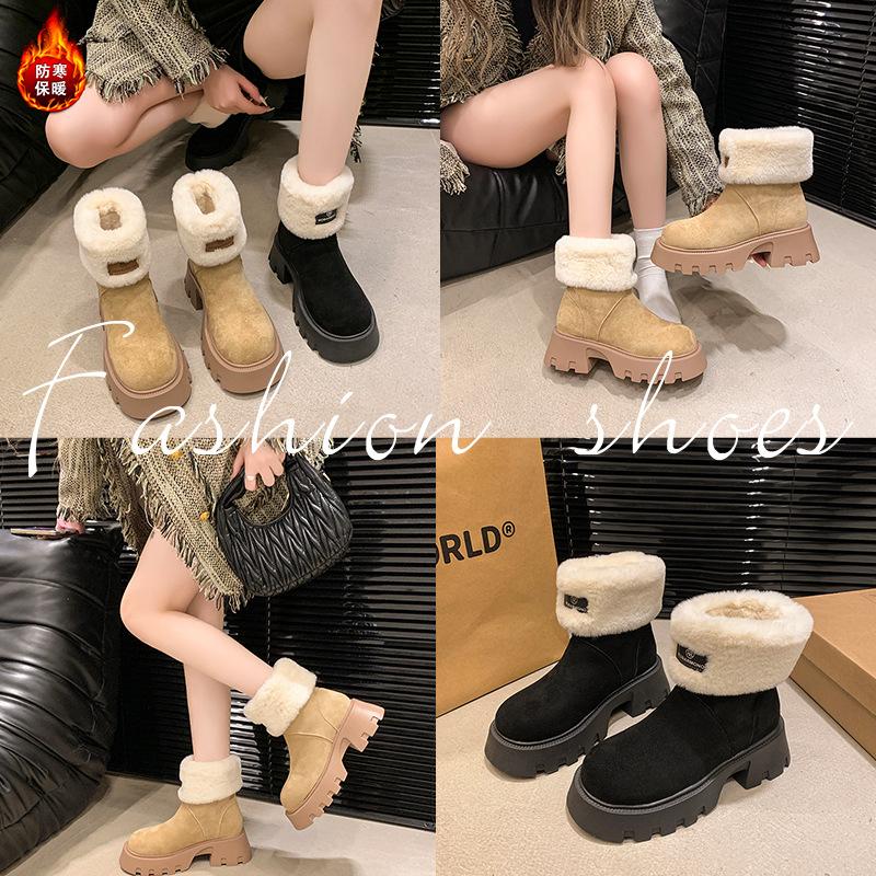 2025 New Thick-soled Heightening Snow Boots Women's Winter Plush Warm Retro Thick Heel Pile Fur Collar Short Boots