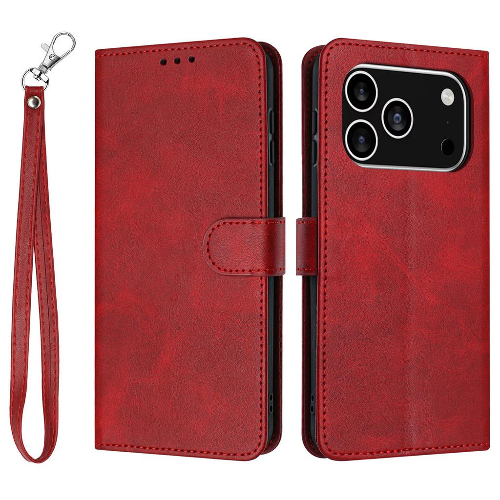 For iPhone 17 Pro Case Flip Stand Calf Texture PU Leather Wallet Phone Cover with Strap