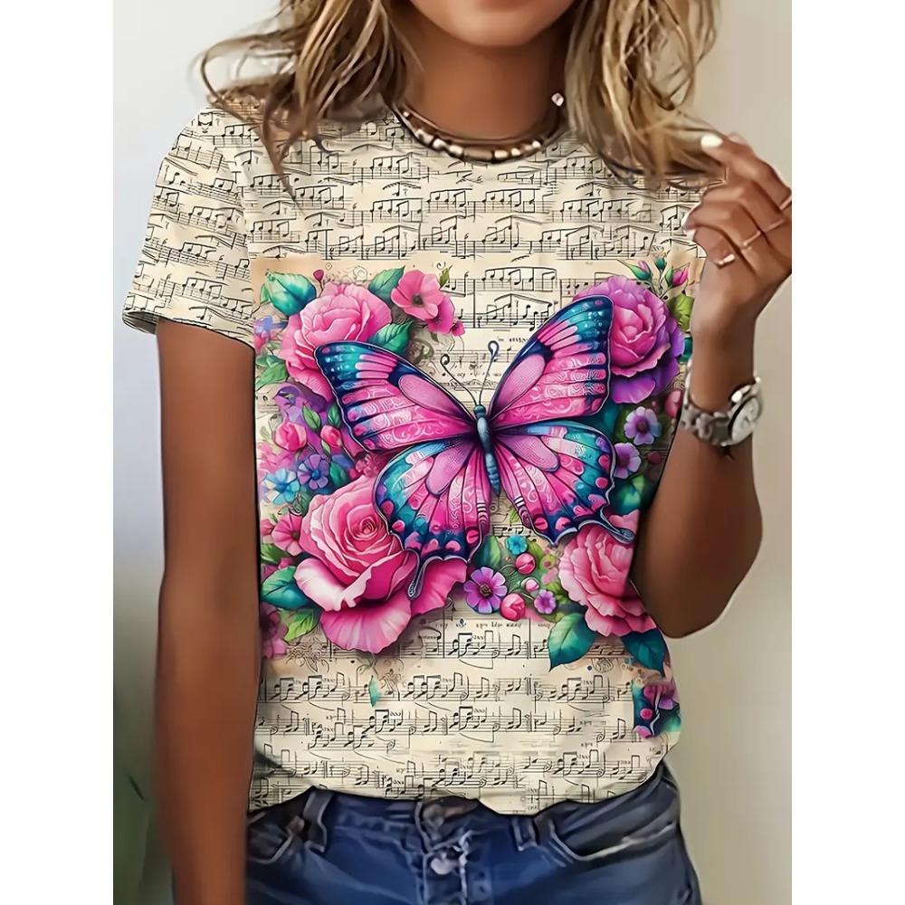 Butterfly Women's Round Neck  Summer Outdoor Fashion Short Sleeve Tops Flower Printing OverSized