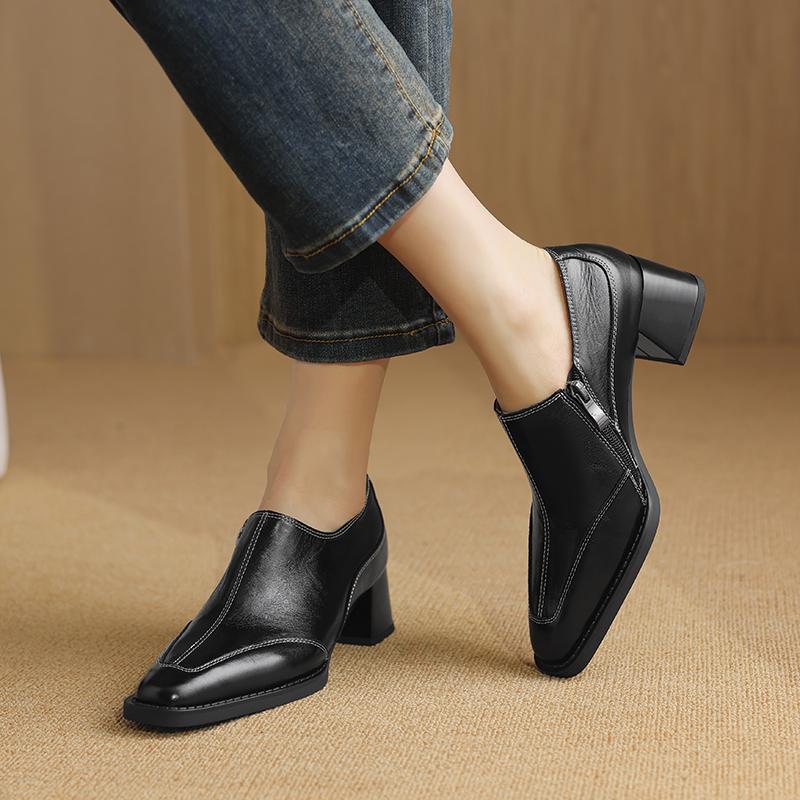 2024 Newest Women Pumps Thick Heels Square Toe Shoes Woman Mature Genuine Leather Spring Summer Basic Office Ladies Working