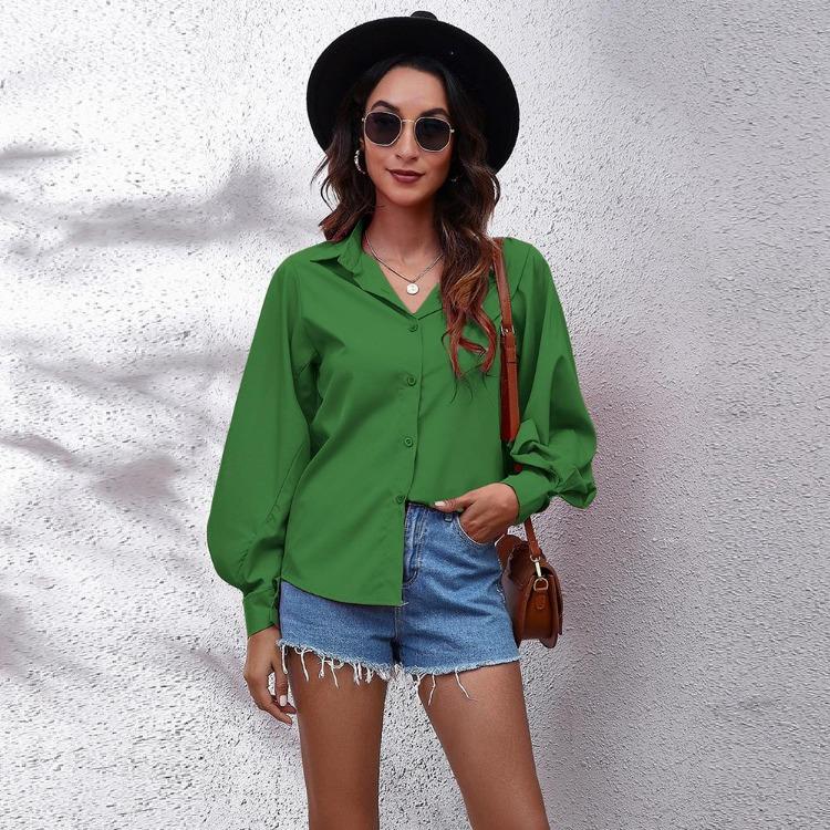 New Women Long Sleeve Blouse Button Down Collar Blouson Sleeve Shirt Solid Color Business Casual Tops Office Work Clothes Daily Wear Fashion S XL