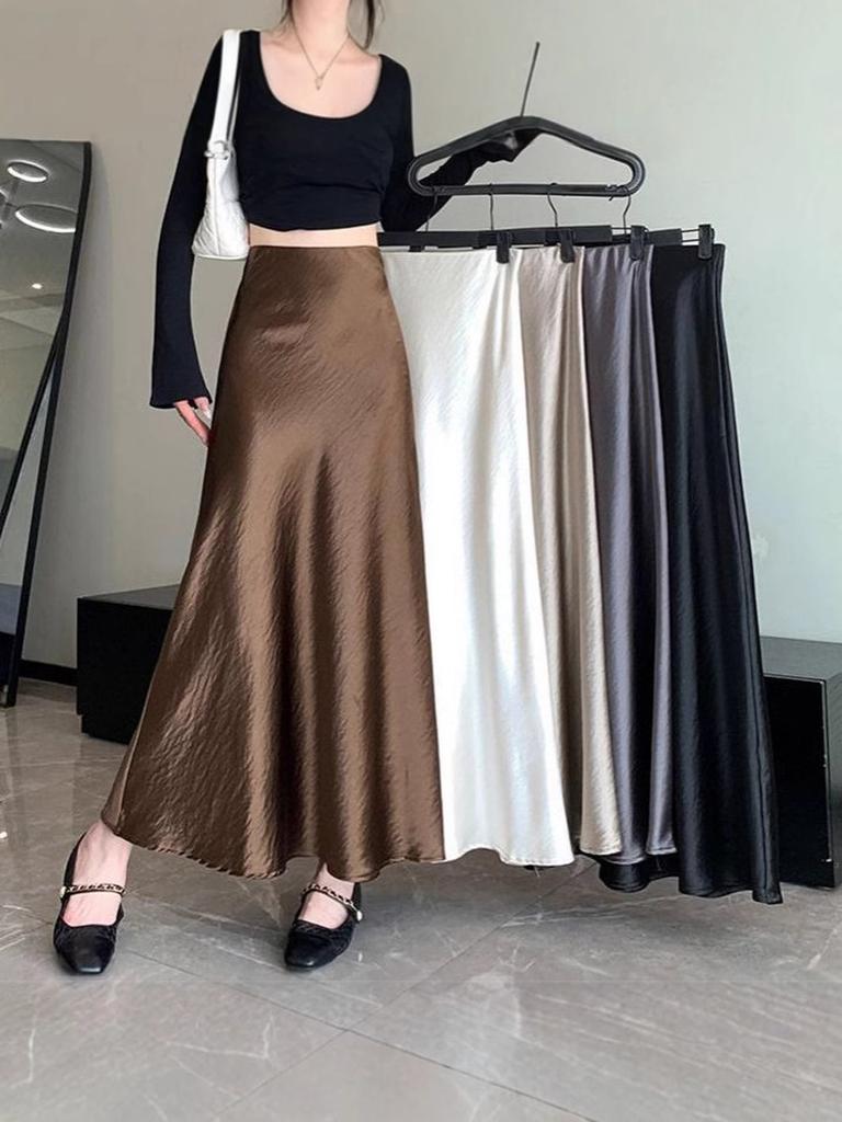 Satin A-Line Fishtail Midi Skirt for Women - Spring/Summer New Style Korean Fashion