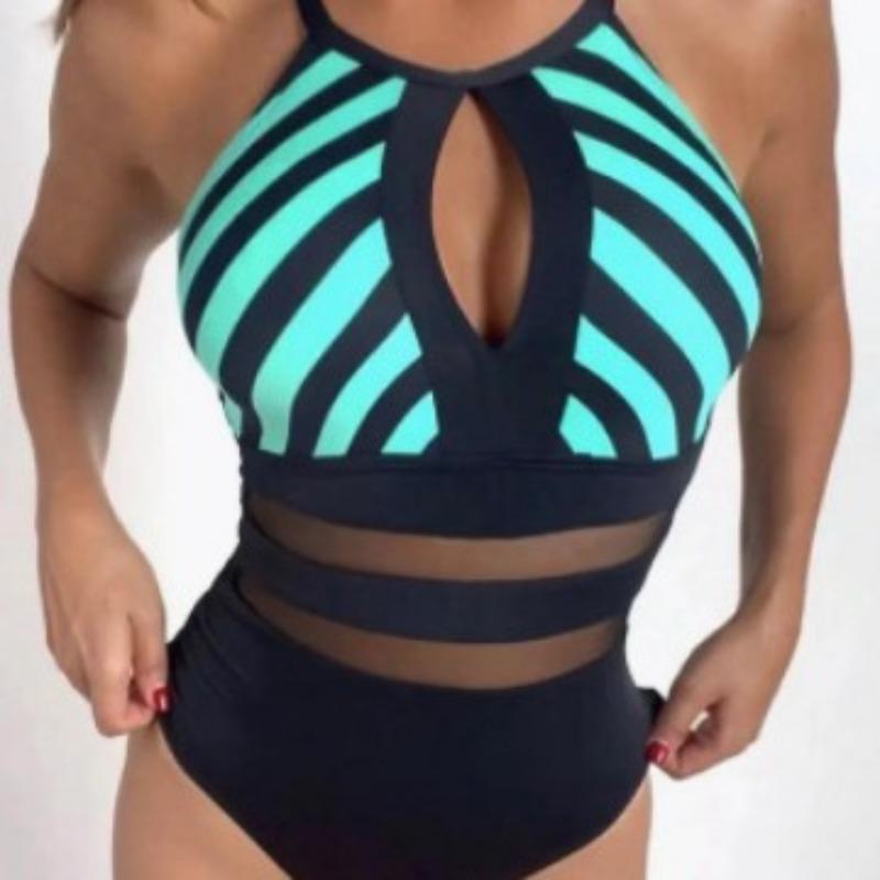 Nylon fabric new striped printing sexy backless mesh splicing one-piece women's swimsuit