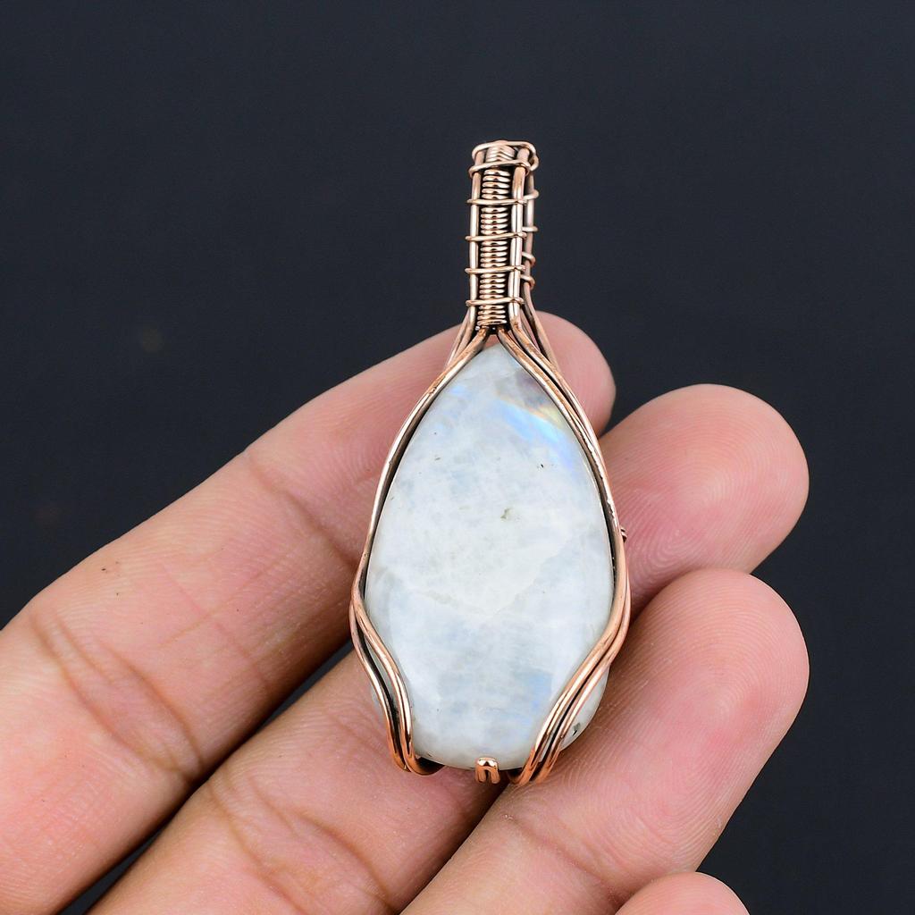 Rainbow Moonstone Gemstone Pendant | Oxidized Copper Wire Wrapped | Necklace Pendant | Handmade Copper Pendant Jewelry Gift For Her/himLC-316